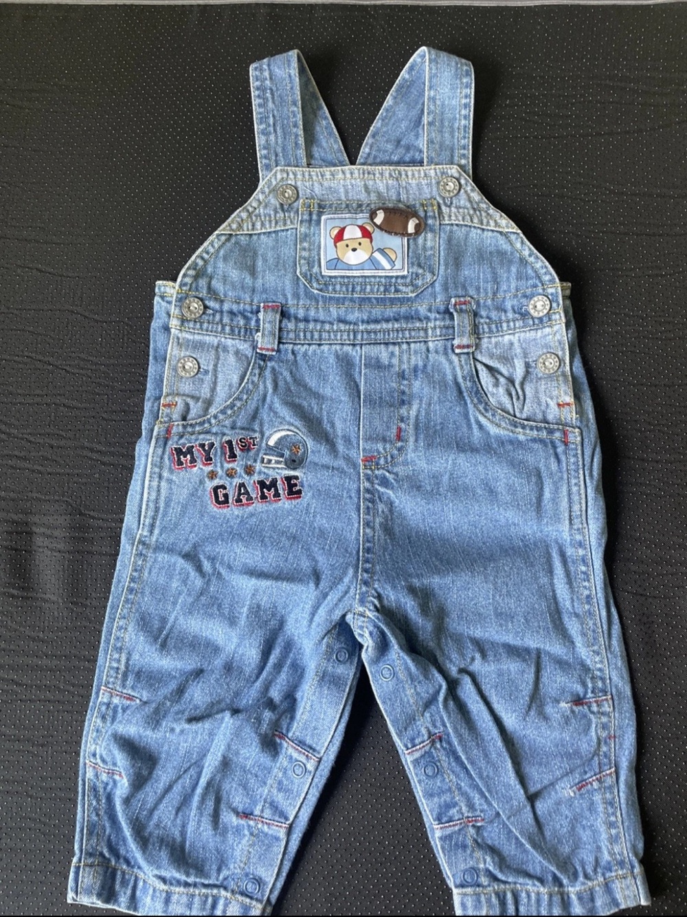 Light Blue Denim Baby Overalls with 'My 1st Game' Embroidery
